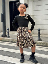 Streecool Kids Young Girl Leopard Print Color Block Dress With Bow Decor, Comfortable Fabric, Versatile Style For Home And Outdoor Wear